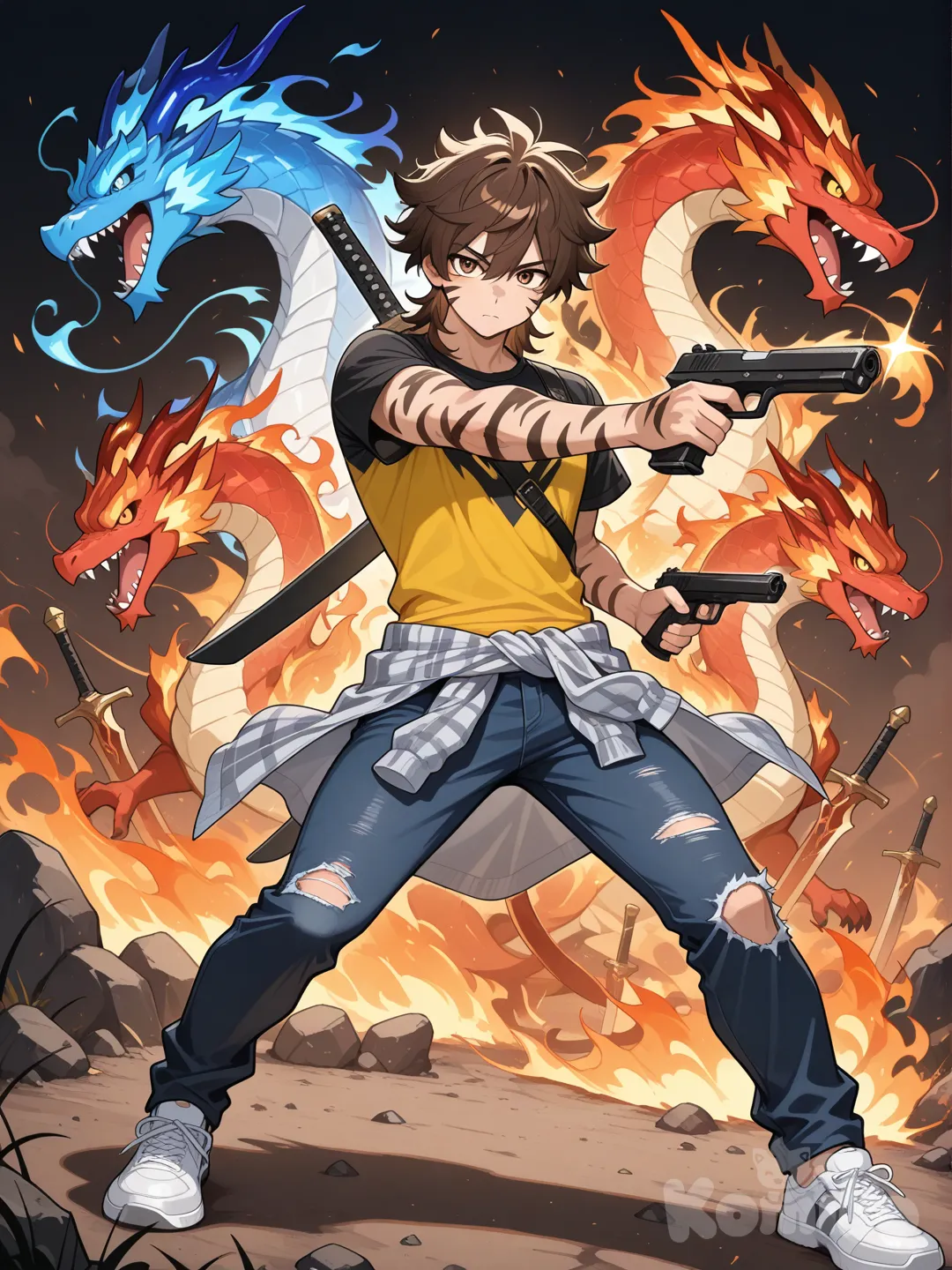 Un chico adolescente, piel tigreña, cabello medio corto desordenado y puntiagudo de color café, ojos de color café, con camisa manga corta, las mangas son de color negro y el resto es gris, jeans de color azul oscuro, con dos espadas de fuego en la espalda, uno de fuego rojo y otro de fuego azul, con dos pistolas en la mano, zapatos deportivos viejos y poquito rotos, con una camisa manga larga atada en su cintura de colores azul, amarillo y negro Cuerpo atlético y alrededor de él, dragones de llamas azul y rojo