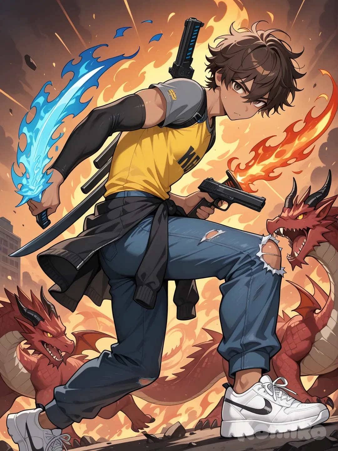 Un chico adolescente, piel trigueña, cabello medio corto desordenado y puntiagudo de color café, ojos de color café, con camisa manga corta, las mangas son de color negro y el resto es gris, jeans de color azul oscuro, con dos espadas de fuego en la espalda, uno de fuego rojo y otro de fuego azul, con dos pistolas en la mano, zapatos deportivos viejos y poquito rotos, con una camisa manga larga atada en su cintura de colores azul, amarillo y negro Cuerpo atlético y alrededor de él dragones de llamas azul y rojo