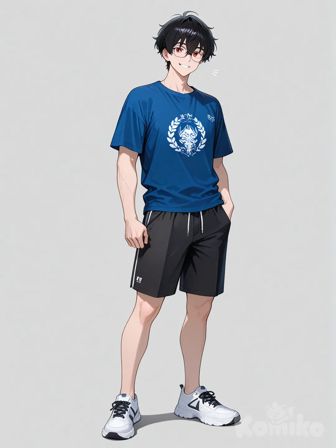 Pria, tinggi, tersenyum, memakai kacamata, mata merah, memakai celana pendek berwarna hitam, memakai kaos polos berwarna biru