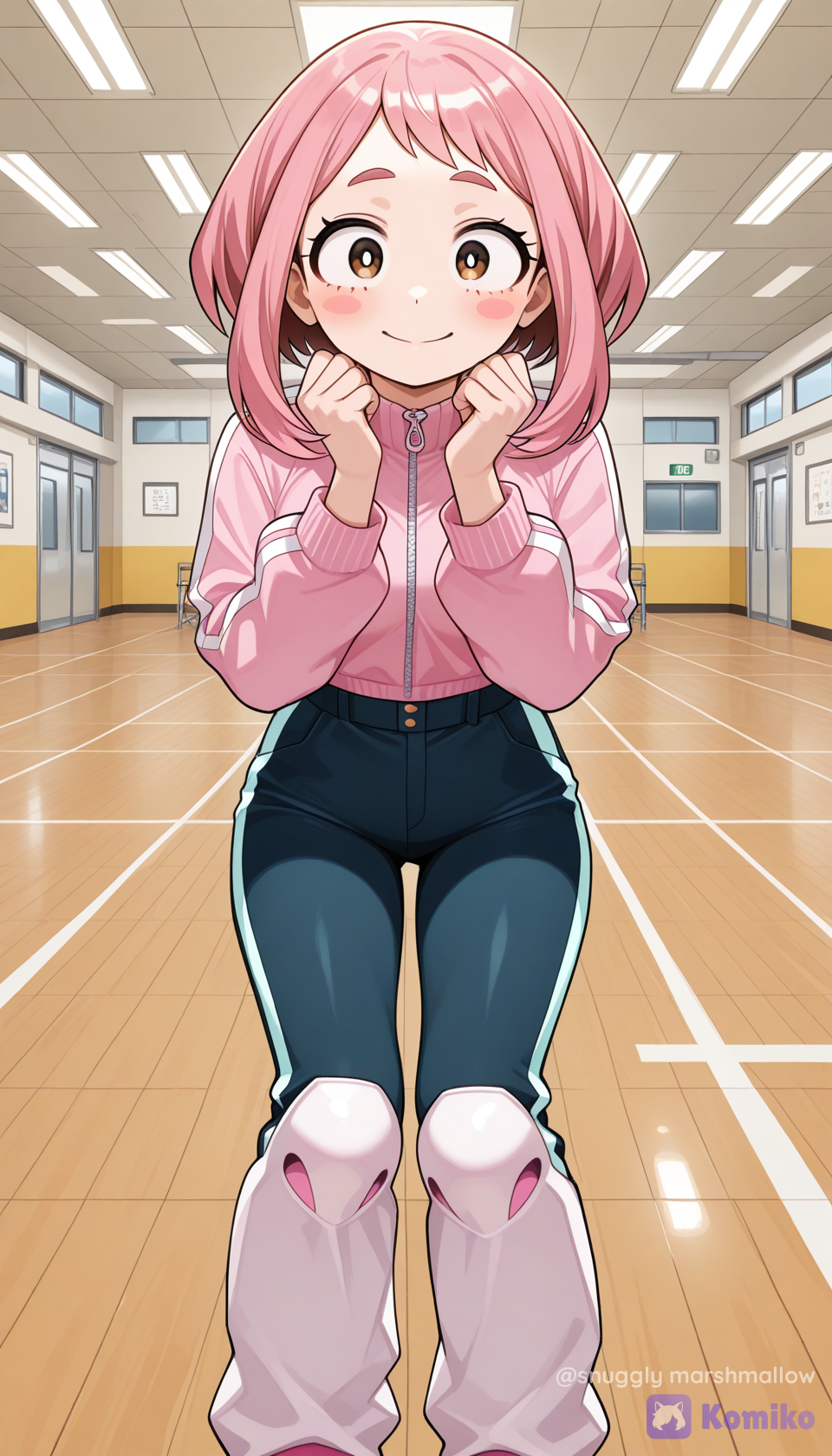 @Uraraka_Ochako, A sunny training room with a high ceiling, a student in a basic hero costume practicing a high block, a pink-haired girl in a hero costume with a yellow