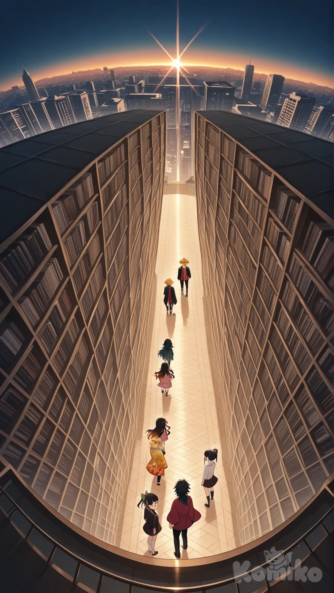 @Tomioka_Giyuu, @Tokitou_Muichirou, @Agatsuma_Zenitsu, @Kamado_Nezuko, @Tsuyuri_Kanao, @Rengoku_Kyoujurou, panoramic lens, cowboy shot, bird's-eye view, gradient background, library, day, city lights