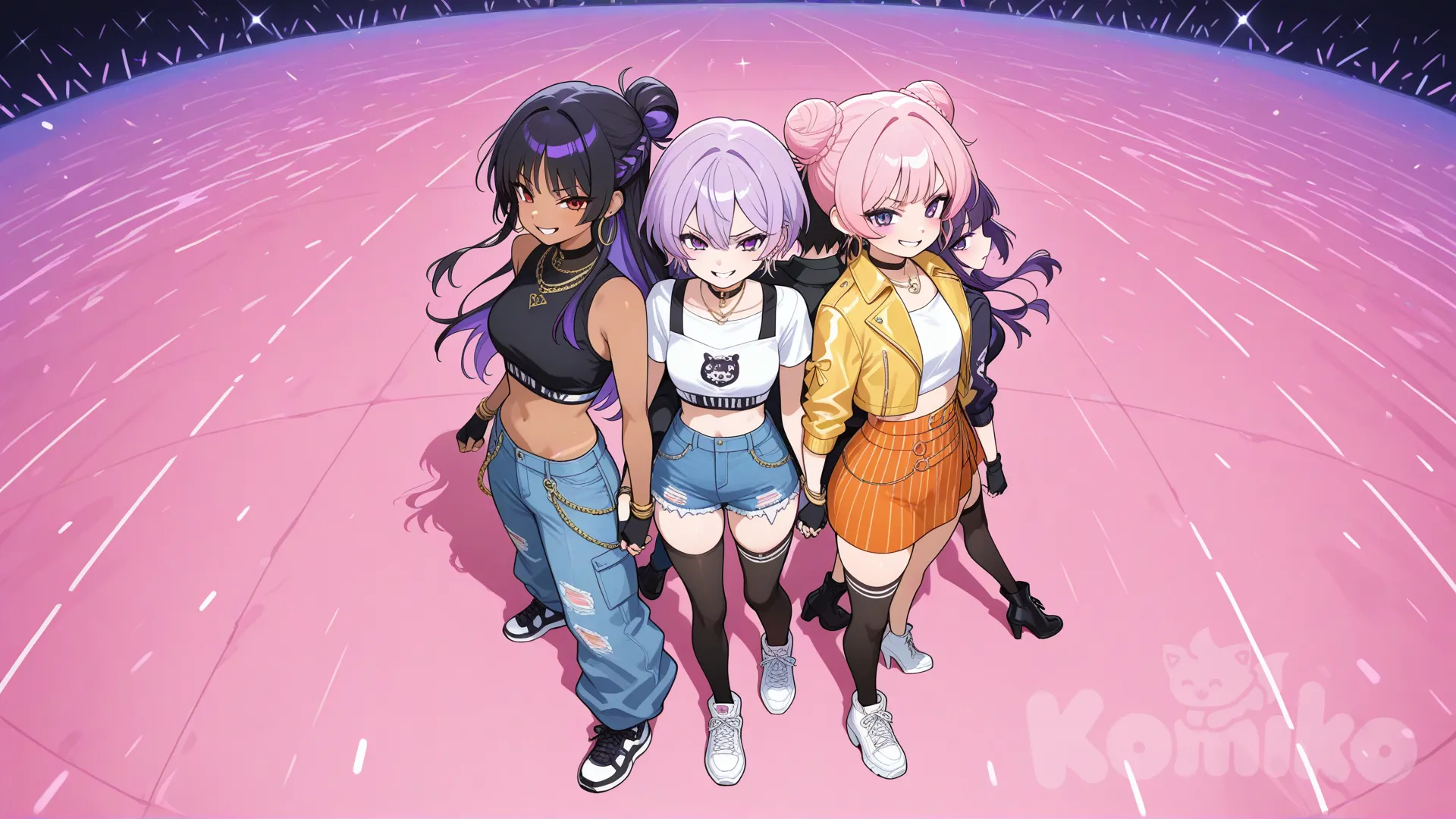 @Mira, @Rumi, @Zoey, back to back, hugging, holding hands, angry, evil smile, panoramic lens, ultra-wide shot