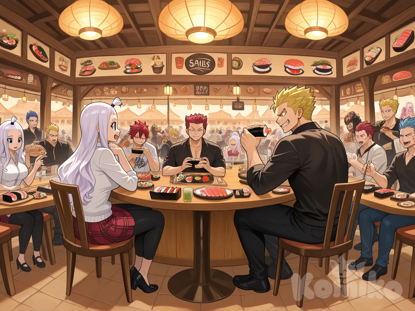 fairy tail, laxus dreyar, mirajane strauss, full body, laxus dreyar smirk, mirajane strauss angry, ancient city, many people eats food, sashimi, sushi, restaurant