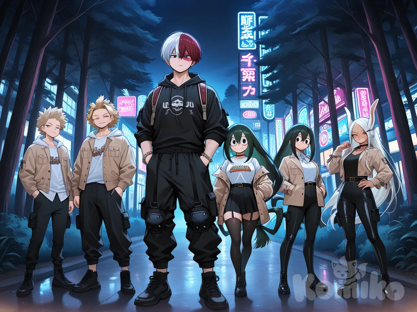 @Togata_Mirio, @Eraser_Head_(Boku_No_Hero_Academia), @Todoroki_Shouto, @Yaoyorozu_Momo, @Asui_Tsuyu, @Bakugou_Katsuki, @Kaminari_Denki, @Hawks_(Boku_No_Hero_Academia), @Mirko, looking at viewer, ultra-wide shot, full body, neon lights, forest