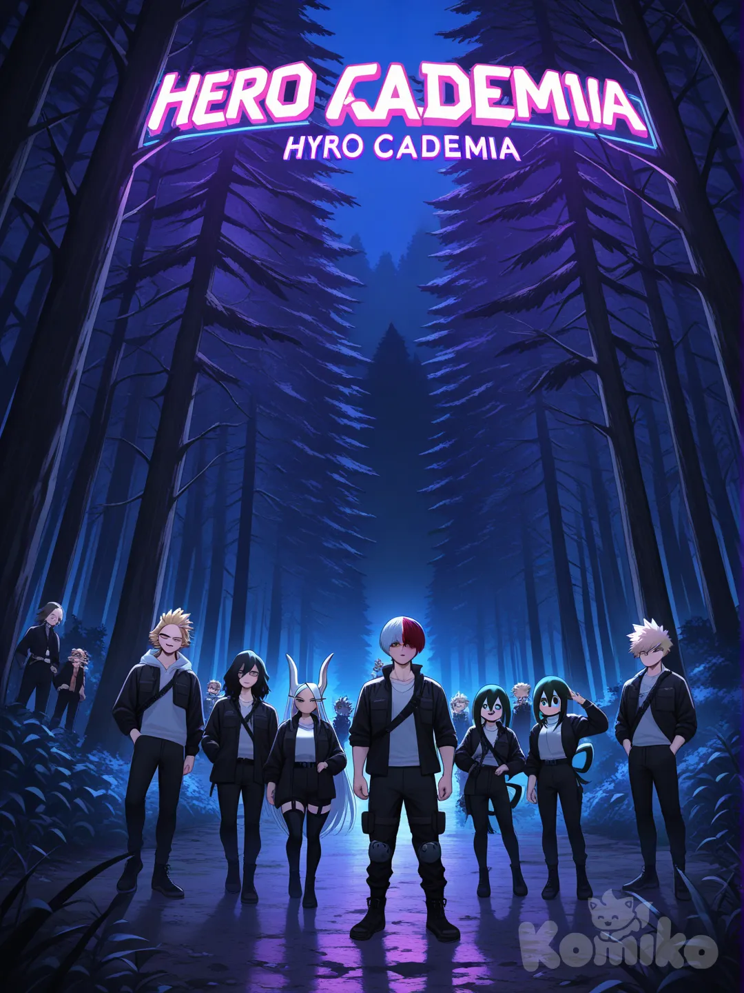 @Togata_Mirio, @Eraser_Head_(Boku_No_Hero_Academia), @Todoroki_Shouto, @Yaoyorozu_Momo, @Asui_Tsuyu, @Bakugou_Katsuki, @Kaminari_Denki, @Hawks_(Boku_No_Hero_Academia), @Mirko, looking at viewer, ultra-wide shot, full body, neon lights, forest