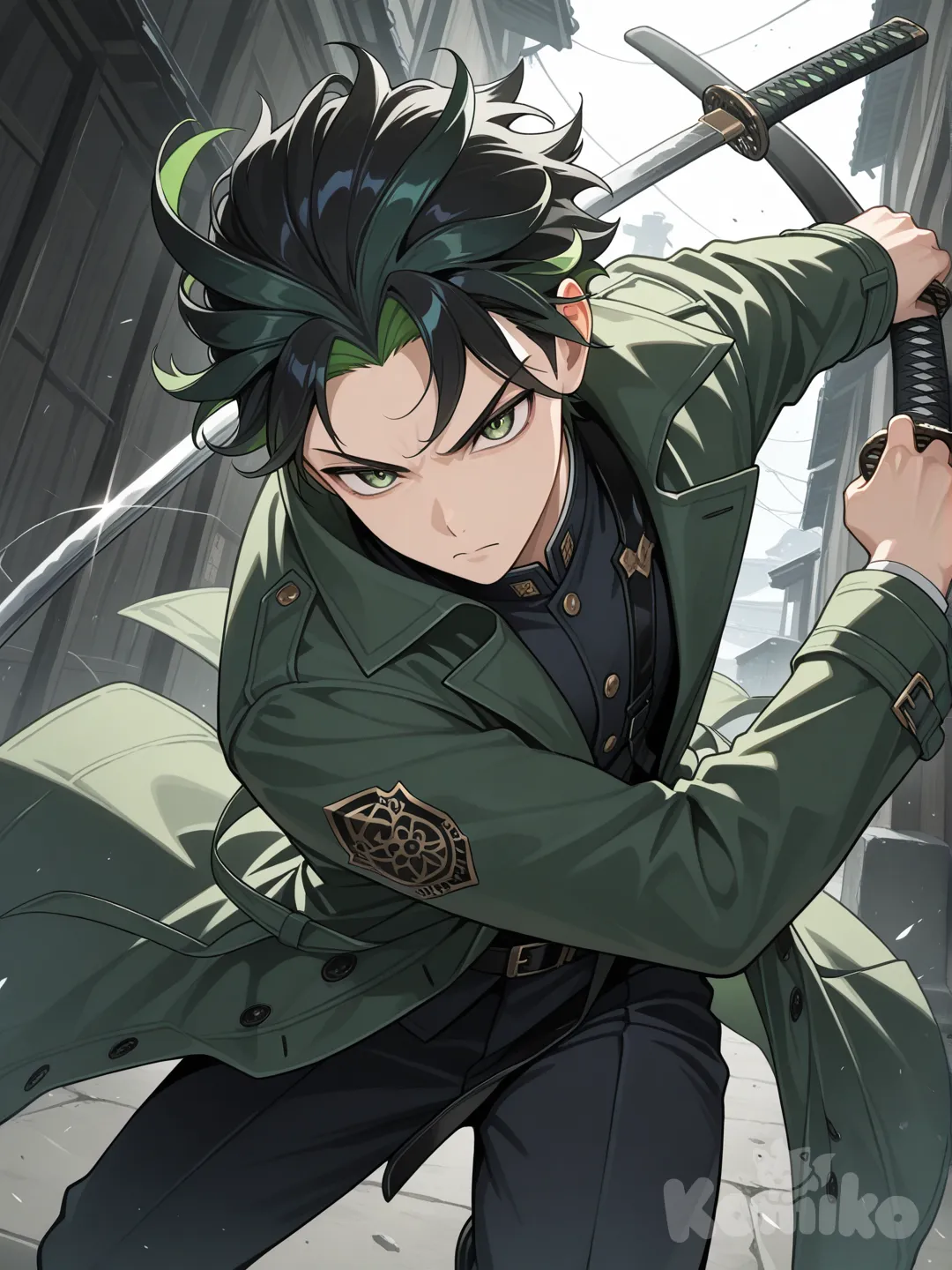 Un chico de anime con ojos verdes y cabello verde en las puntas y negro la raíz con una gabardina y una katana