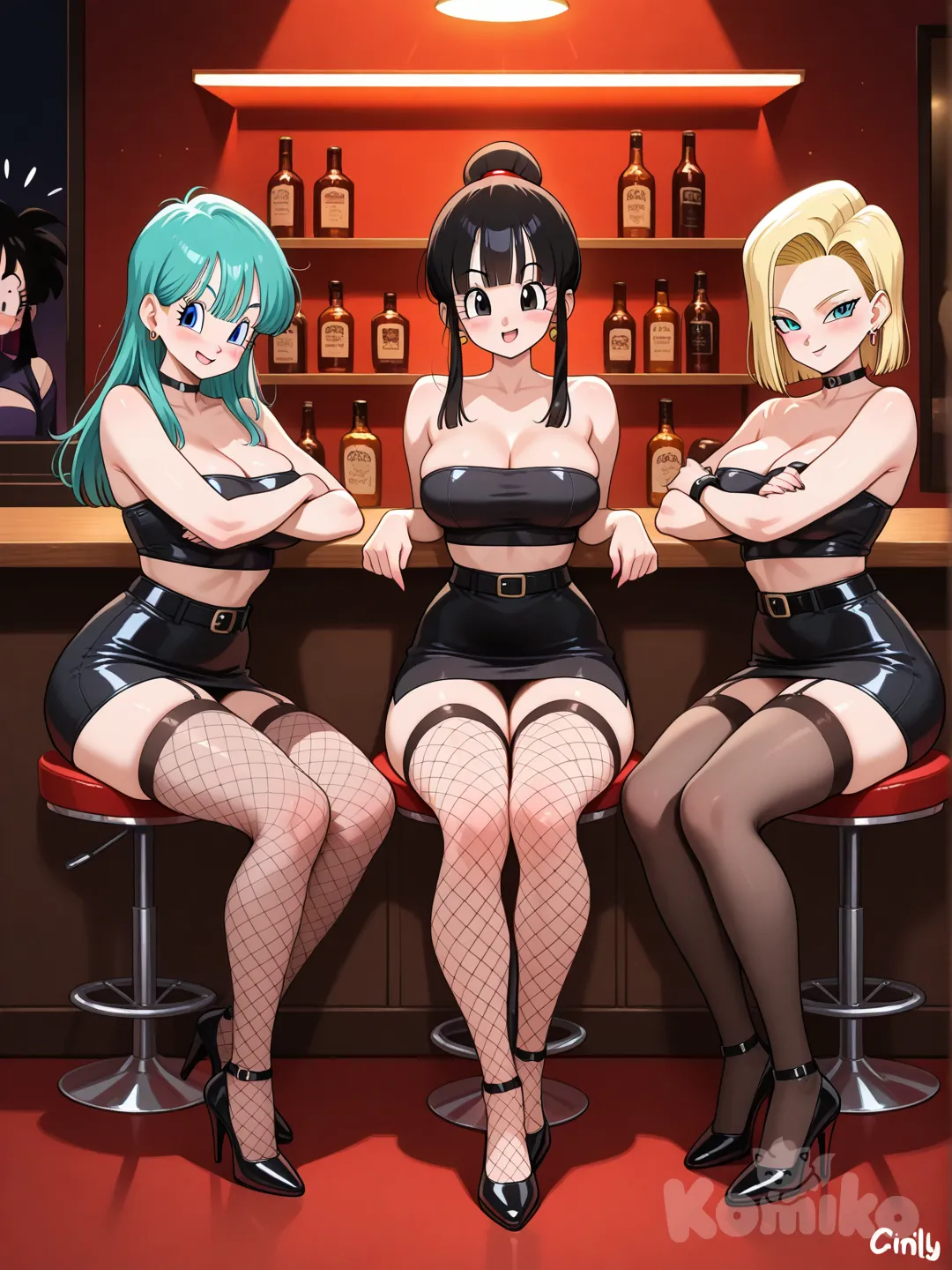 Chi-Chi, Bulma, And Andriod 18.  "Want a drink?"