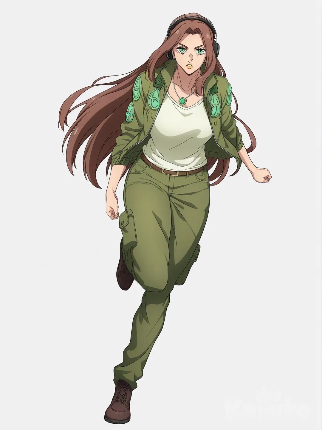 [bright-anime-style] 1girl, jojo_no_kimyou_na_bouken, original_character, mature_female, muscular, tall, brown_hair, long_hair, green_eyes, olive_skin, adventure_jacket, cargo_pants, headphones, necklace, solo, full_body, looking_at_viewer, anime_style, simple_background, white_background