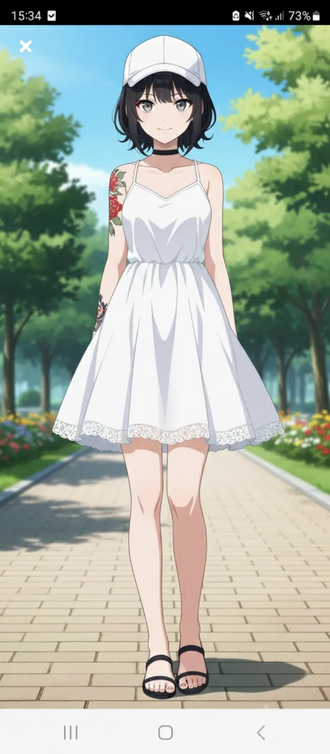 her face, make up and proportions must remain the same.
she is wearing a short white summer dress, a cap, and black sandals. full body POV, anime style