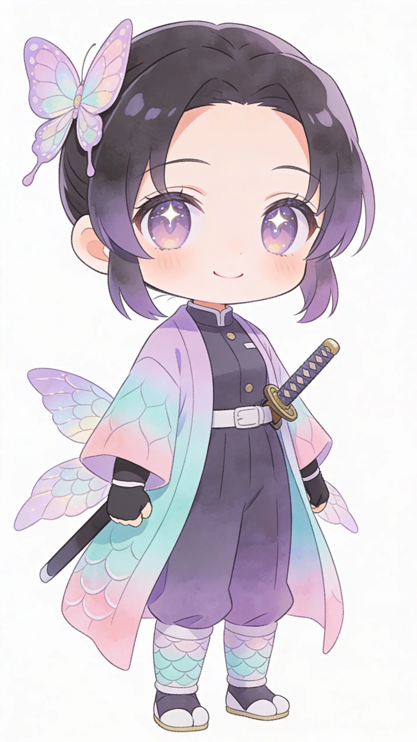 “Cute chibi Hashira-inspired warrior, single character, full-body, centered composition. Big sparkling anime eyes, rounded chibi proportions (large head, small body), soft pastel color palette (lavender, mint, pale pink), delicate butterfly motifs on hair accessory and haori, flowing gradient haori with subtle scale/wing pattern, simple sheathed katana at hip, gloves and tabi boots, friendly confident smile. Clean lineart with soft cel shading blended with watercolor texture, ultra-fabric folds, crisp edges, studio lighting, soft rim light, shallow depth of field, minimal white background, ultra HD detail, resolution, highly polished illustration, cute kawaii style