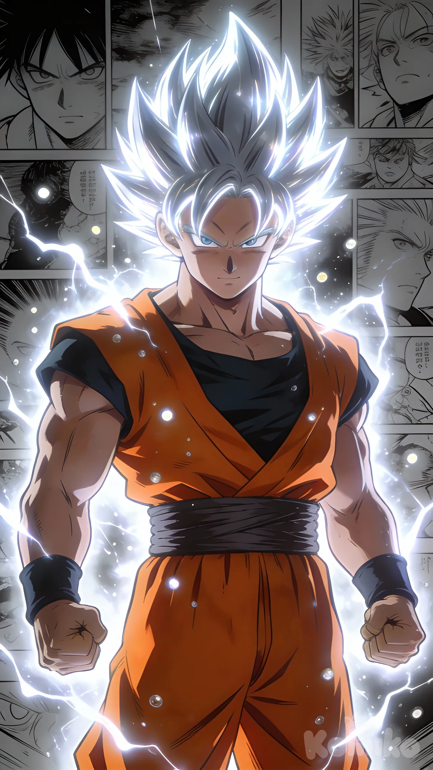 A powerful anime warrior inspired by classic shonen style, standing full body with a calm yet intense expression. Spiky silver hair glowing with energy, muscular build, wearing an orange martial arts gi with dark inner shirt and belt. Fists clenched, strong posture, heroic presence. Surrounded by a white glowing aura with energy particles. Background made of grayscale manga panels forming a collage, high contrast between character and background. Ultra-anime illustration, sharp line art, dramatic lighting, dynamic shading, clean edges, poster-style composition, vertical format, ultra HD, quality.