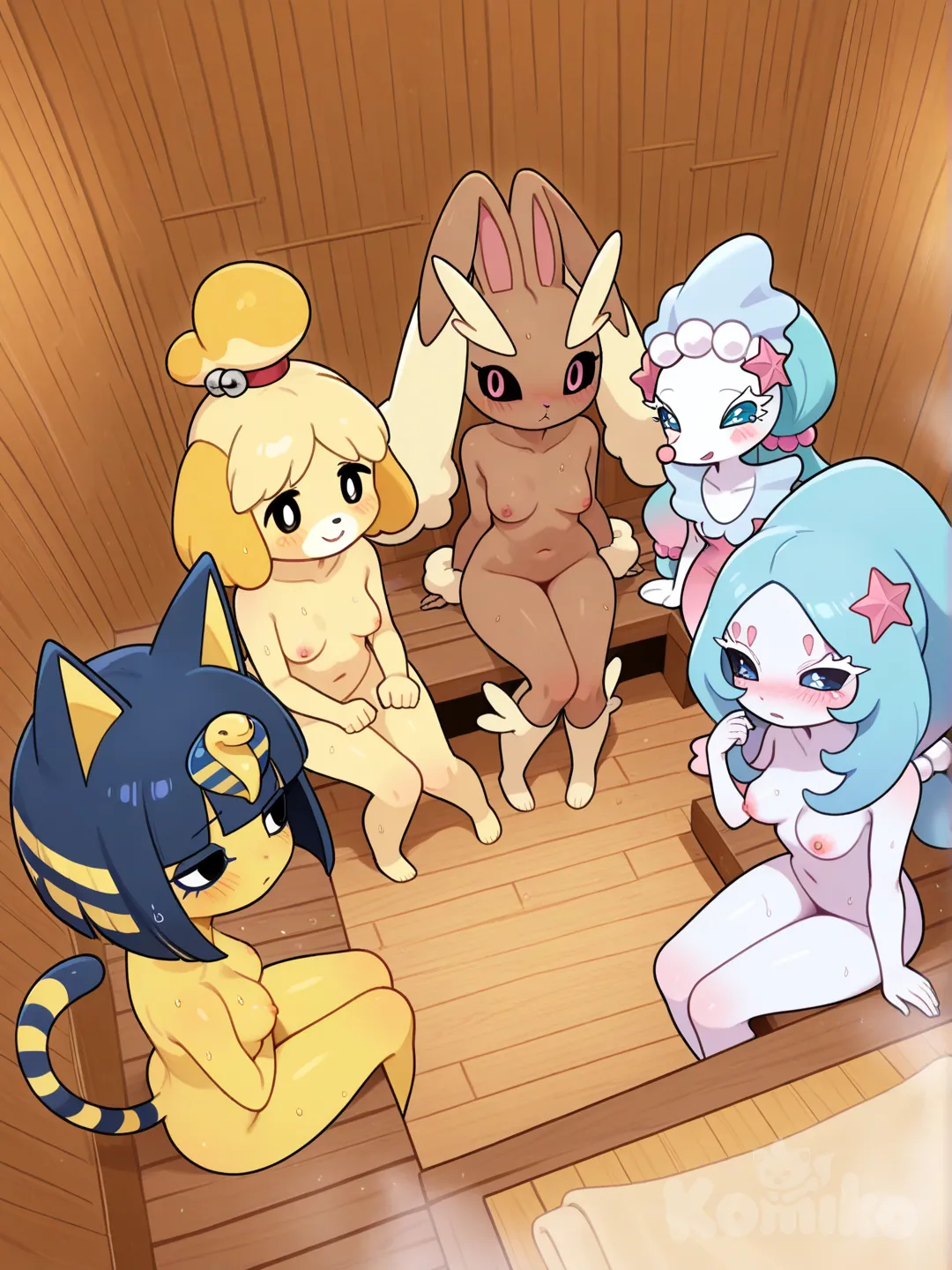 @Hatterene, @Lopunny, @Primarina, @Isabelle_(Animal_Crossing), @Ankha_(Animal_Crossing), humanoid girls, naked, sauna, blush, top light, looking away