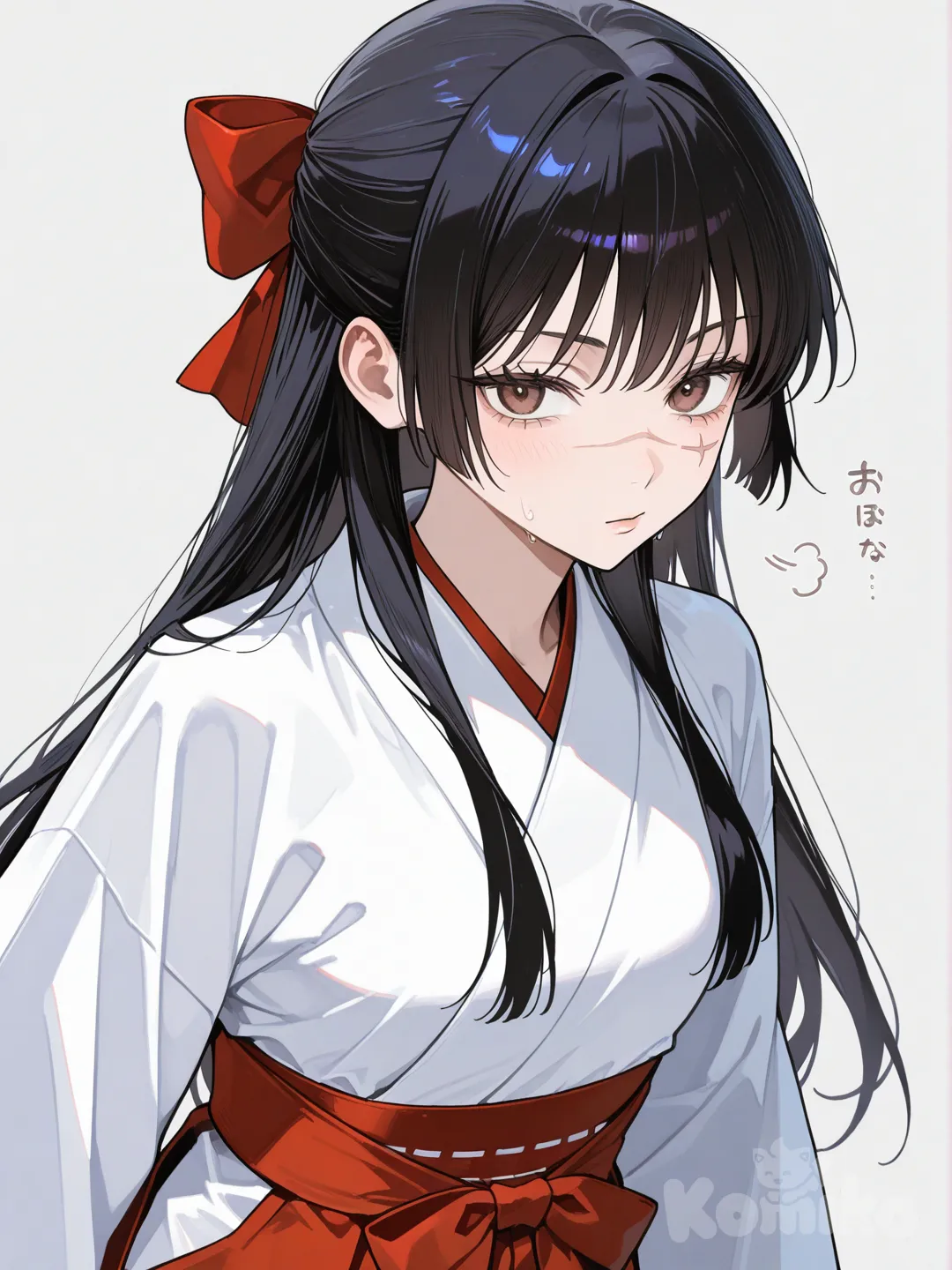iori utahime, jujutsu kaisen, 1girl, brown eyes, black hair, long hair, hair bow, scar on face, white kimono, long sleeves, miko, miko, red hakama