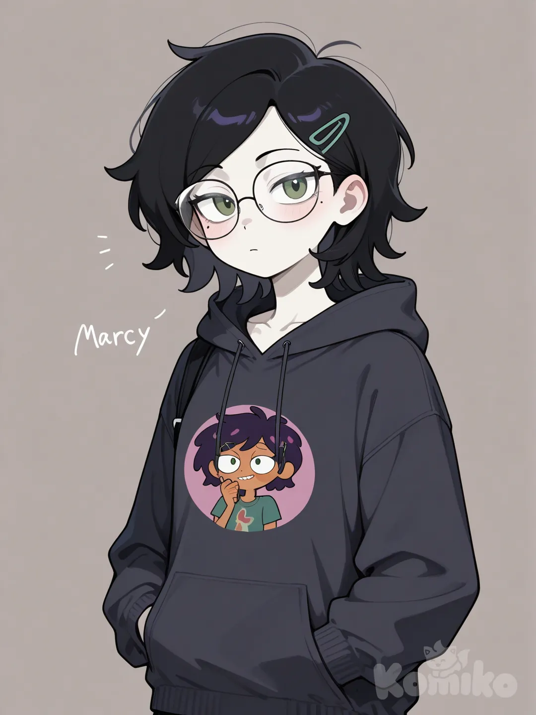 marcy wu, amphibia, 1girl, black hair, short hair, long hair, hairclip