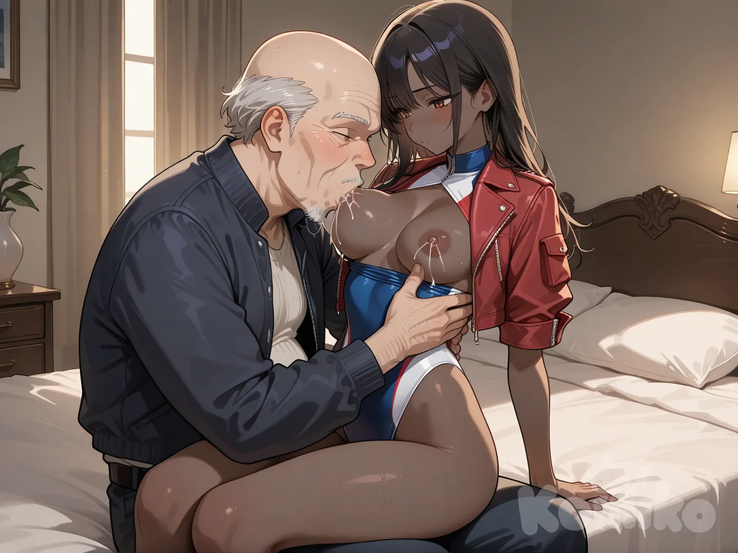 +18, girl with medium breasts, high cut swimsuit, short jacket, breastfeeding old bald black ugly man, bedroom.