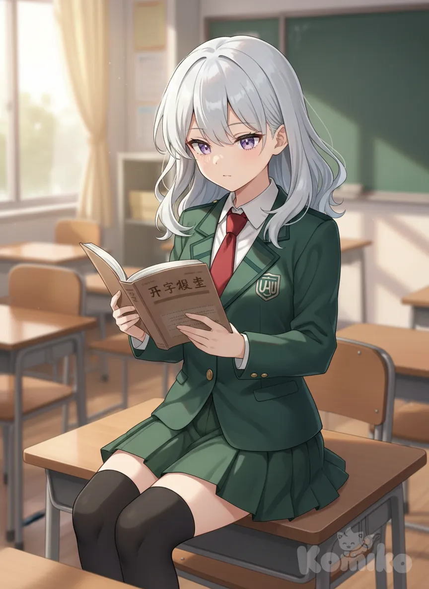<dove-qE7i> in a UA student uniform with a book in her hands