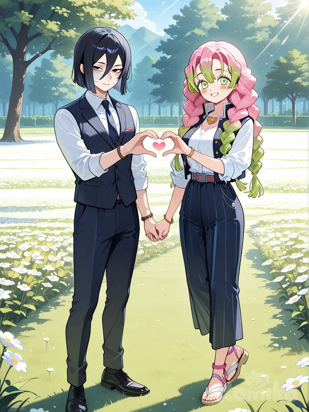 @Kanroji_Mitsuri, @Iguro_Obanai, heart hands, smile, blush, full body, day, flower field, suit pants, school vest, necklace, bracelet