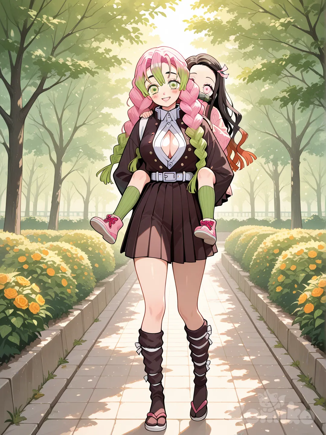 @Kanroji_Mitsuri,piggybacking , @Kamado_Nezuko, pleated skirt, knitted cardigan, jewelry, full body, day, garden