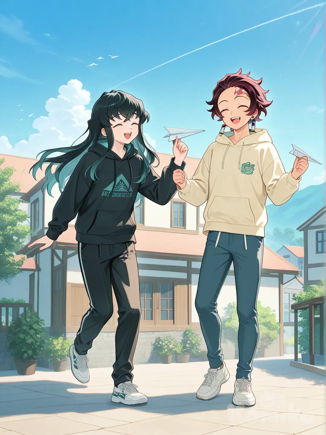 flying paper airplanes , smile, laughing, hoodie, casual pants, full body, day,house, @Tokitou_Muichirou, @Kamado_Tanjirou