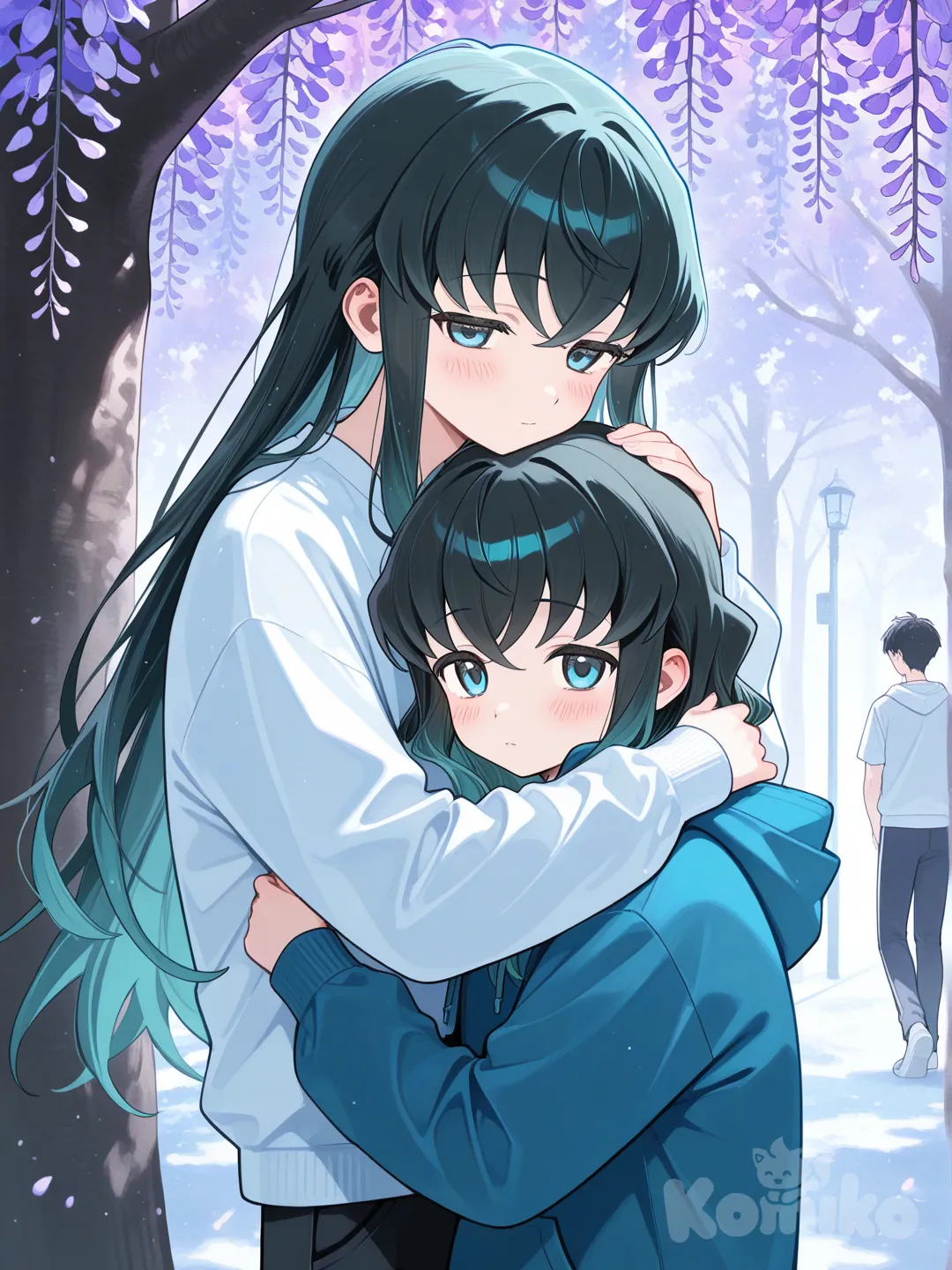 @Tokitou_Muichirou,Yuichiro Tokito hugging, blush, hoodie, casual pants, upper body, day,wisteria tree