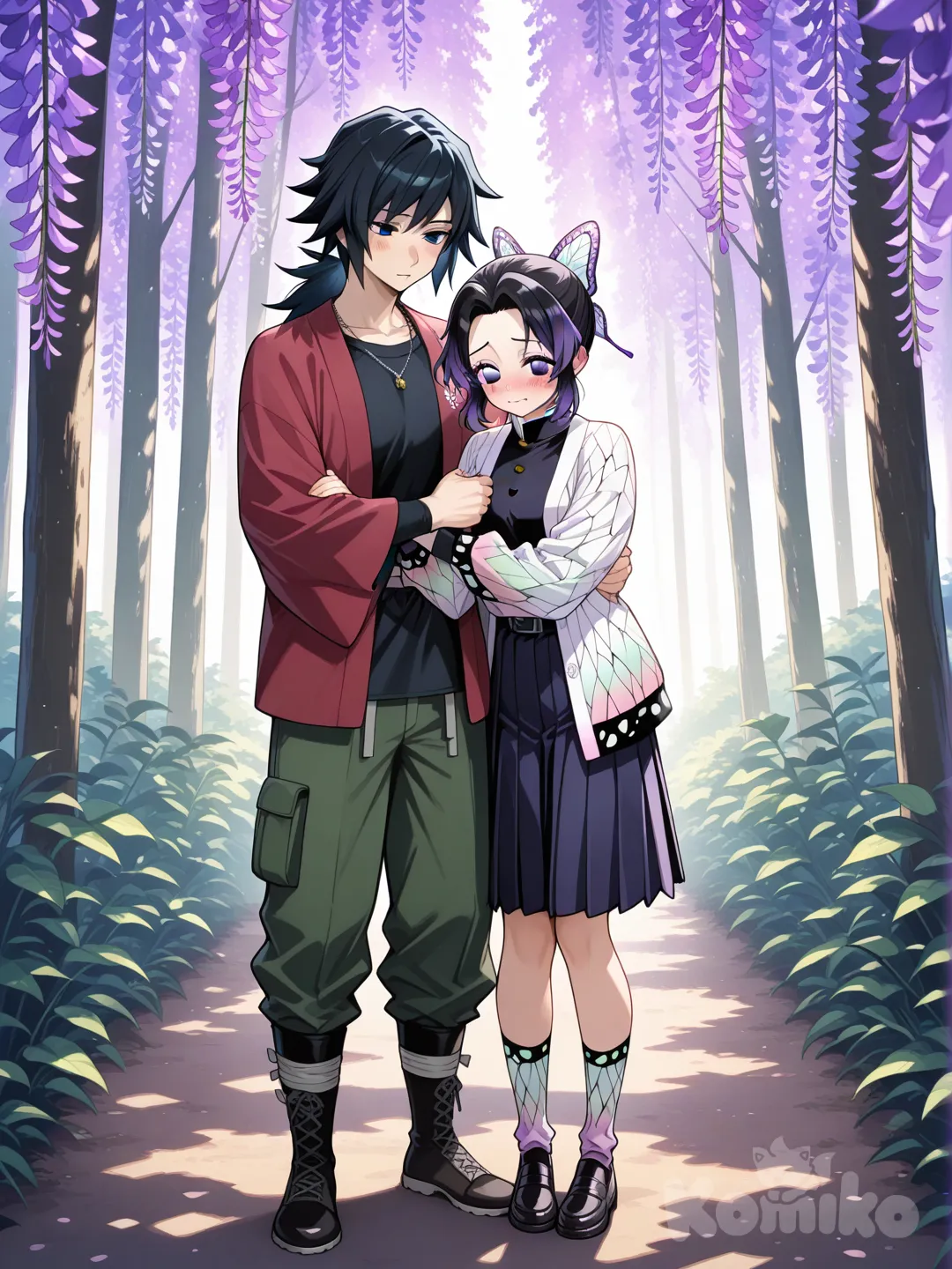 @Kochou_Shinobu, knitted cardigan, pleated skirt, necklace, @Tomioka_Giyuu, t-shirt, cargo pants, hugging, blush, full body, day,wisteria forest