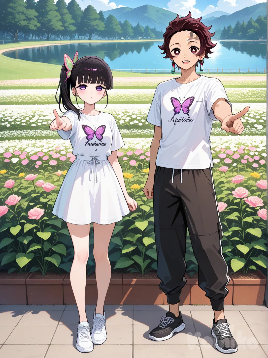 @Tsuyuri_Kanao,butter fly hourerie, @Kamado_Tanjirou, casual pants, t-shirt, full body, day, garden, lake, flower field, pointing at viewer