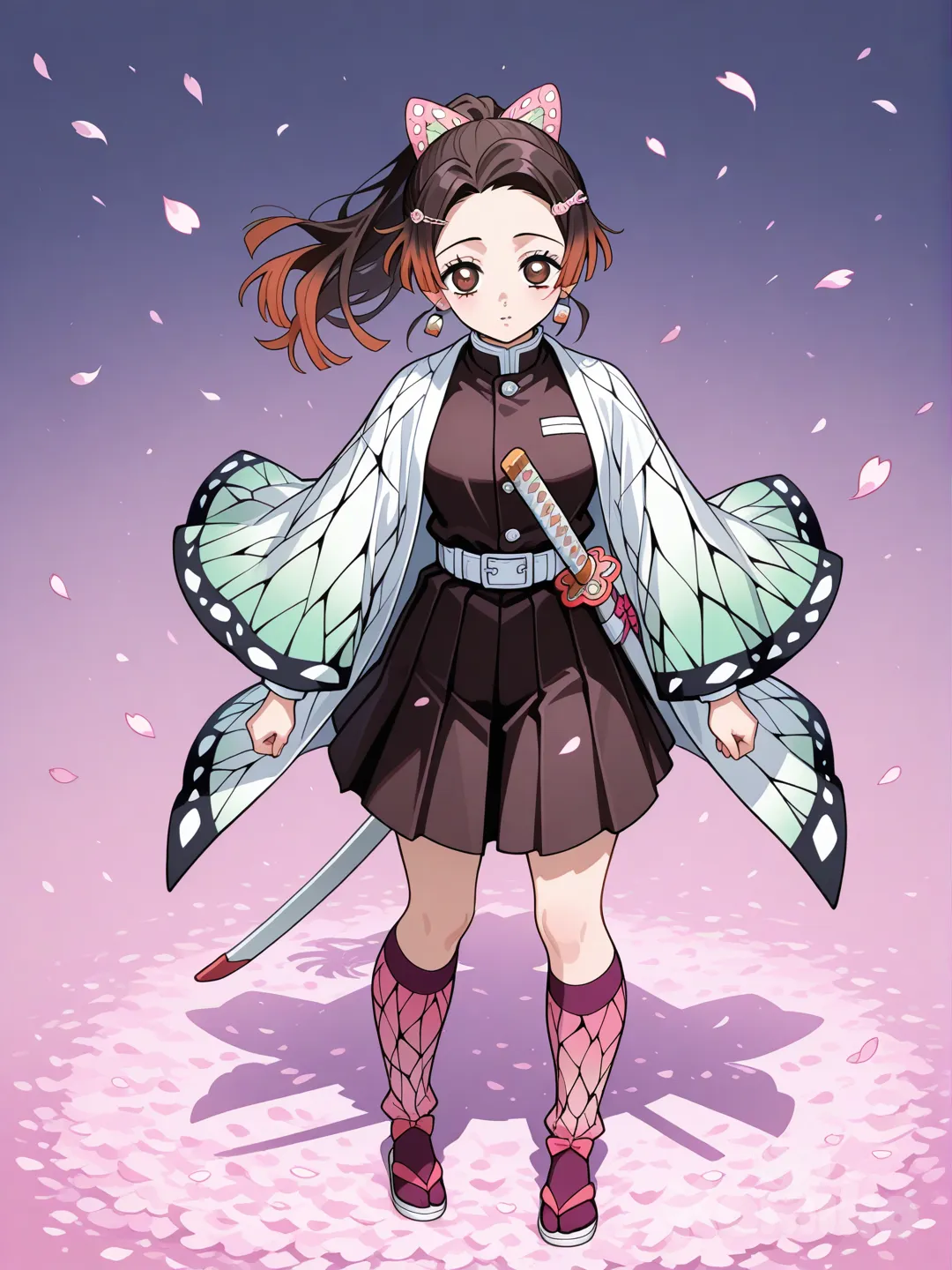 1girl, solo, brown_hair, brown_eyes, ponytail, hair_ornament, pink_bow, polka_dot_bow, hairclip, sakura_petals, tsuba_(guard), sandals, pink_socks, hanafuda_earrings, katana,demon_slayer_uniform,skirt,belt, Demon slayer