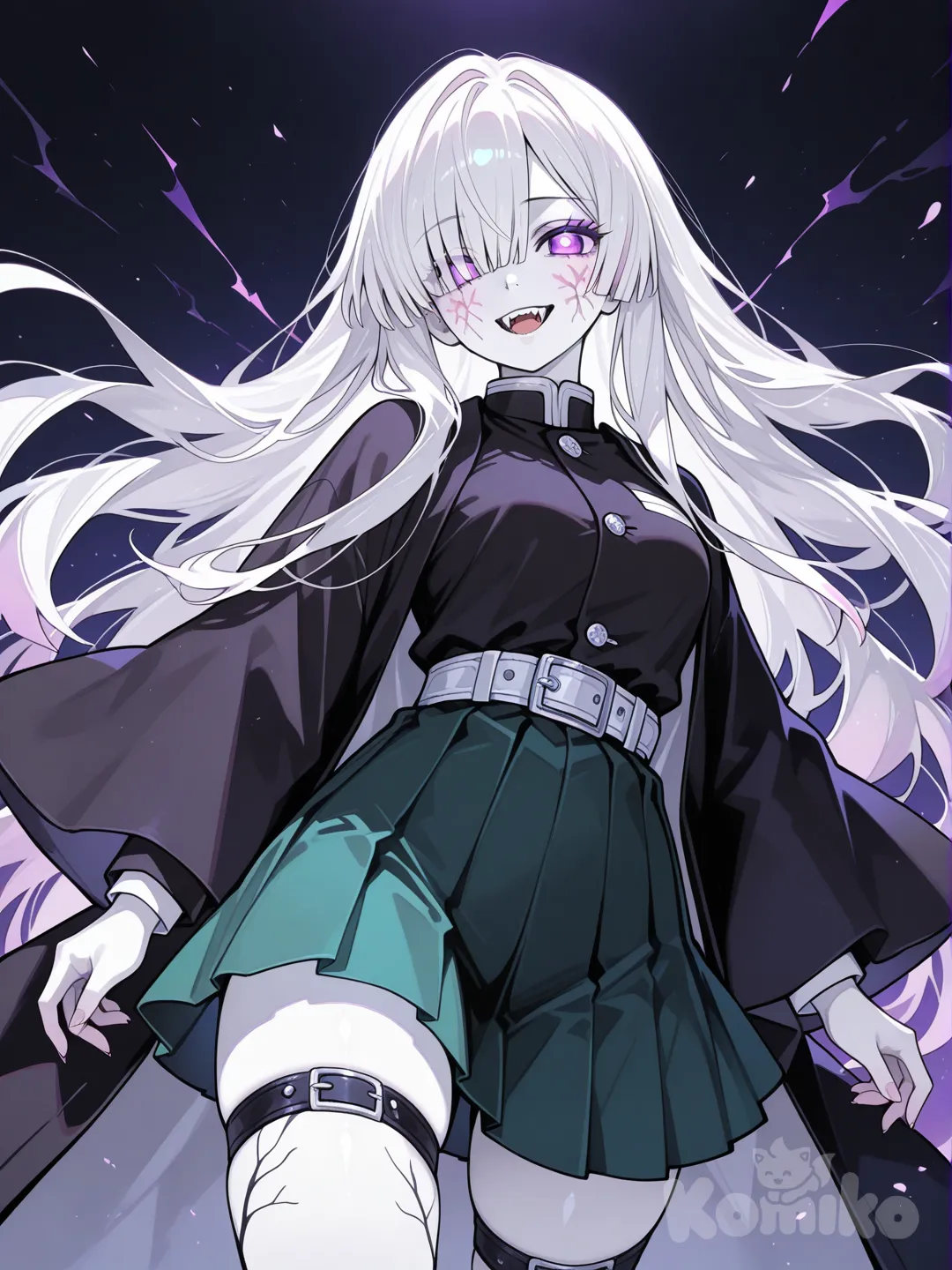 1girl, (white skin:1.5), pale skin, long hair, white hair, sakura facial markings, purple eyes, fangs, demon slayer uniform, good_demon, eyes