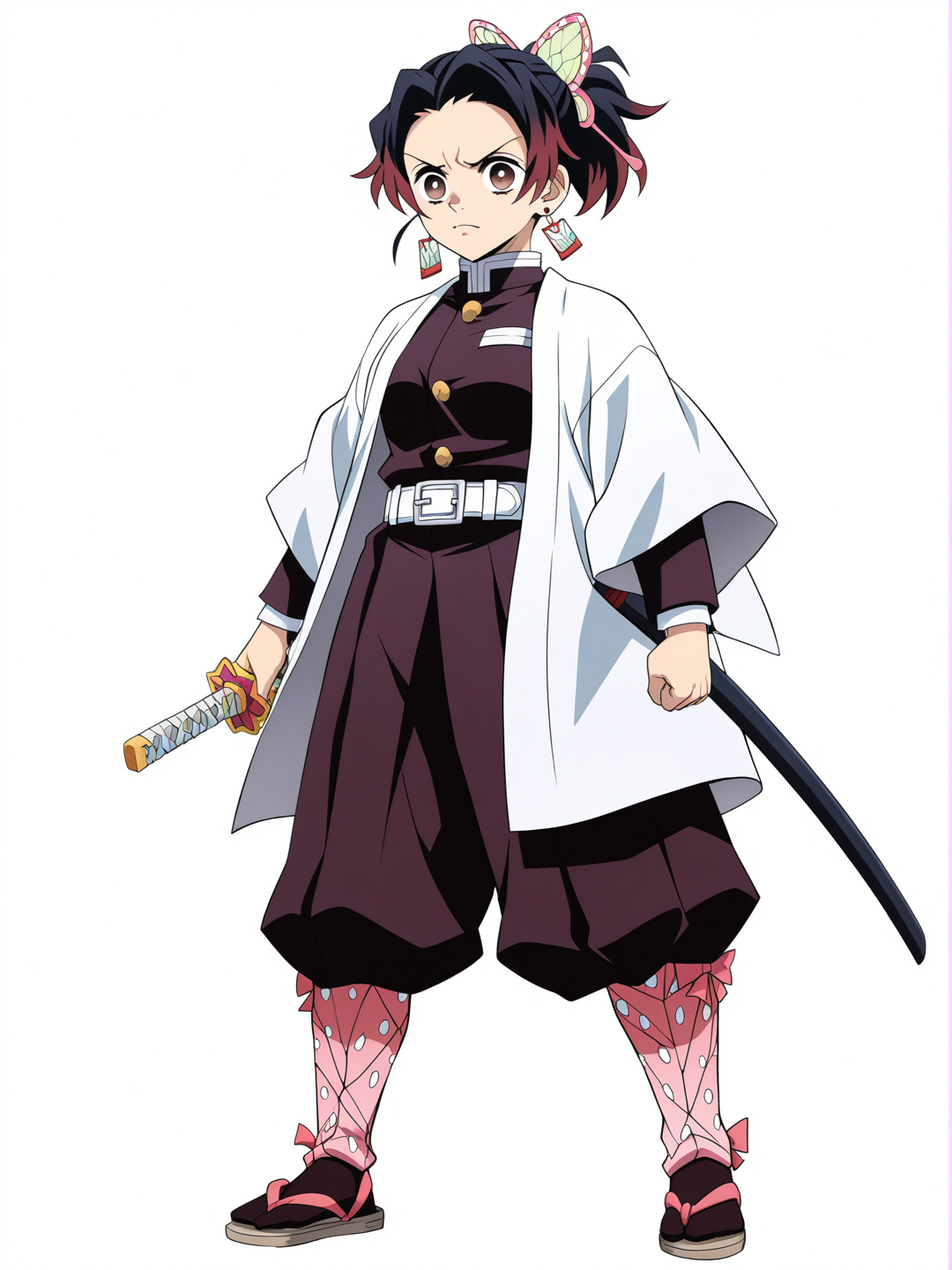 [pop-anime-style] 1girl, brown_hair, brown_eyes, ponytail, hair_ornament, pink_bow, polka_dot_bow, hairclip, sakura_petals, tsuba_(guard), sandals, pink_socks, hanafuda_earrings, slayer_mark, katana, demon_slayer_uniform, skirt, belt, expressive_eyes, detailed_eyes, demon_slayer_artstyle, anime_screencap, demon_slayer_oc_style, thick_lines, thin_lines, single_character, full_body, looking_at_viewer, simple_background, white_background
