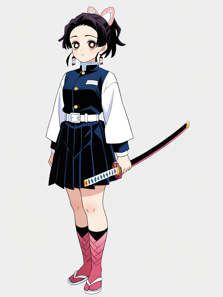1girl, brown_hair, brown_eyes, ponytail, hair_ornament, pink_bow, polka_dot_bow, hairclip, sakura_petals, tsuba_(guard), sandals, pink_socks, hanafuda_earrings, slayer_mark, katana, demon_slayer_uniform, skirt, belt, expressive_eyes, detailed_eyes, demon_slayer_artstyle, anime_screencap, demon_slayer_oc_style, thick_lines, thin_lines, single_character, full_body, looking_at_viewer, simple_background, white_background
