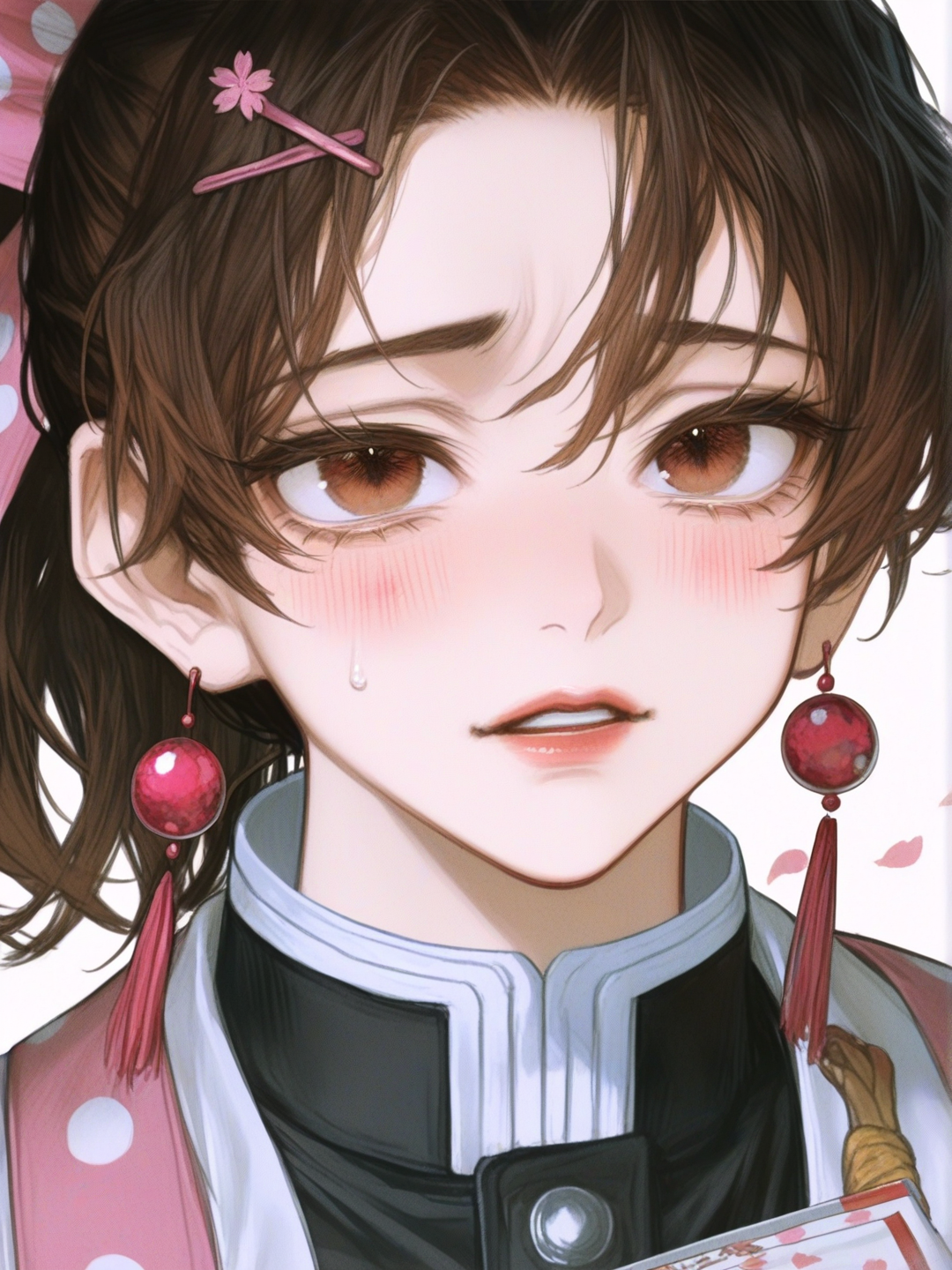 [semi-realistic-portrait-style] 1girl, brown_hair, brown_eyes, ponytail, hair_ornament, pink_bow, polka_dot_bow, hairclip, sakura_petals, tsuba_(guard), sandals, pink_socks, hanafuda_earrings, slayer_mark, katana, demon_slayer_uniform, skirt, belt, expressive_eyes, detailed_eyes, demon_slayer_artstyle, anime_screencap, demon_slayer_oc_style, thick_lines, thin_lines, single_character, full_body, looking_at_viewer, simple_background, white_background