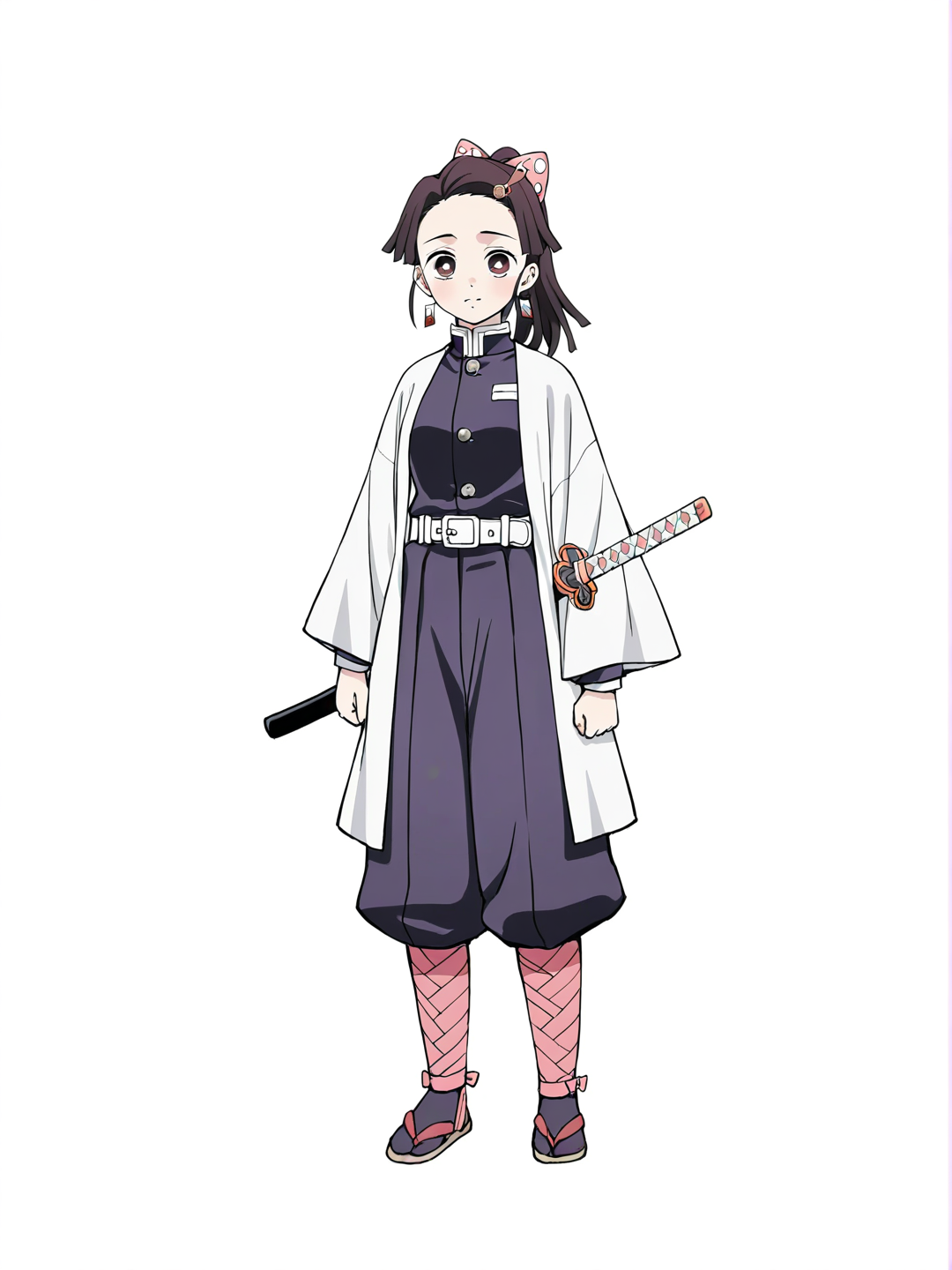 [soft-pastel-style] 1girl, brown_hair, brown_eyes, ponytail, hair_ornament, pink_bow, polka_dot_bow, hairclip, sakura_petals, tsuba_(guard), sandals, pink_socks, hanafuda_earrings, slayer_mark, katana, demon_slayer_uniform, skirt, belt, expressive_eyes, detailed_eyes, demon_slayer_artstyle, anime_screencap, demon_slayer_oc_style, thick_lines, thin_lines, single_character, full_body, looking_at_viewer, simple_background, white_background