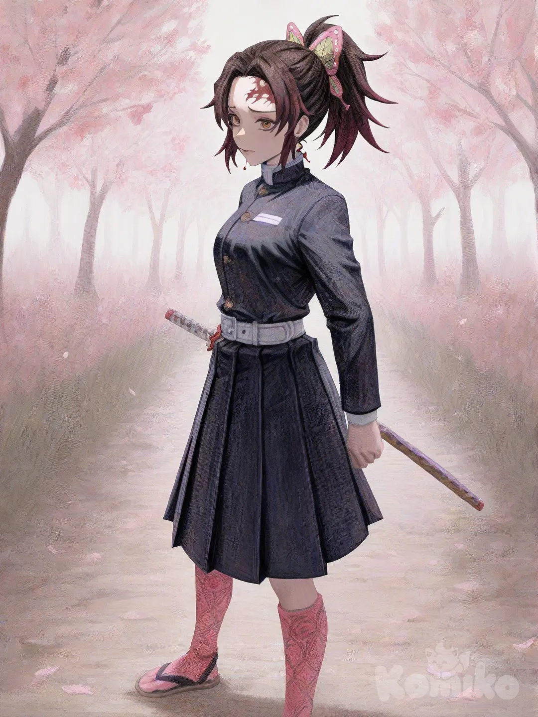 1girl, solo, brown_hair, brown_eyes, ponytail, hair_ornament, pink_bow, polka_dot_bow, hairclip, sakura_petals, tsuba_(guard), sandals, pink_socks, hanafuda_earrings,slayer_mark_on_her_forehead,katana,demon_slayer_uniform,skirt,belt,Demon slayer artstyle, anime screencap, expressive eyes, eyes, some thick lines and some thinner lines.,Demon slayer oc style, [gothic-oil-painting-style]