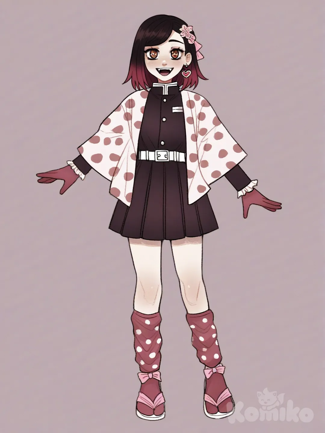 1girl, demon slayer oc, petite, cute, pale skin, full-body pose, white background, brown,medium-length hair, bob cut, swept bangs, pink inner hair, gradient brown eyes, star-shaped pupils, pink bow hairclip, flower accessory, hair ribbon, smiling happily, demon slayer uniform, white jacket, belt, white shirt, pleated skirt, pink socks, sandals, frilled gloves, heart-shaped earrings, fox mask, soft lighting, intricate details, polka-dot hair pattern, high resolution, ultra-(detailed_hands:1.5), (clothes: demon corps uniform), [soft-shaded-moe-style]