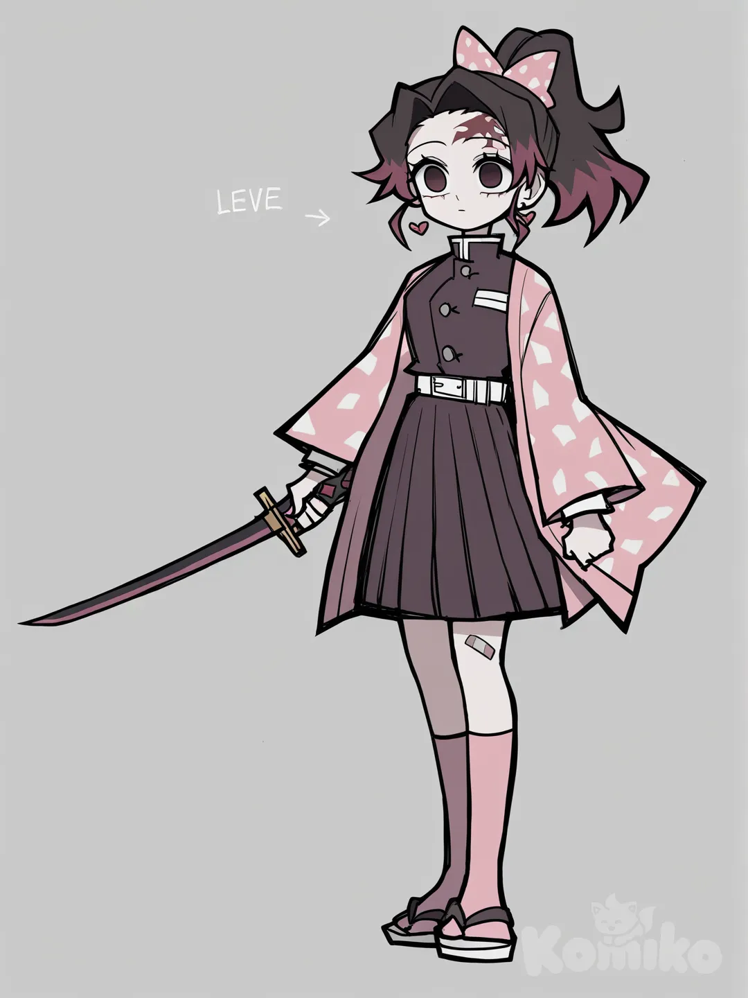1girl, demon slayer, kimetsu no yaiba, kny art style, solo, brown hair, brown eyes, ponytail, hair ornament, pink bow, polka dot bow, hairclip, sandals, pink socks, heart earrings, slayer mark on her forehead, katana, demon slayer uniform, skirt, belt, empty eyes, short hair, hair bun,swept bangs, no pupils, gradient hair, band-aid, high resolution, [pop-sketch-style]