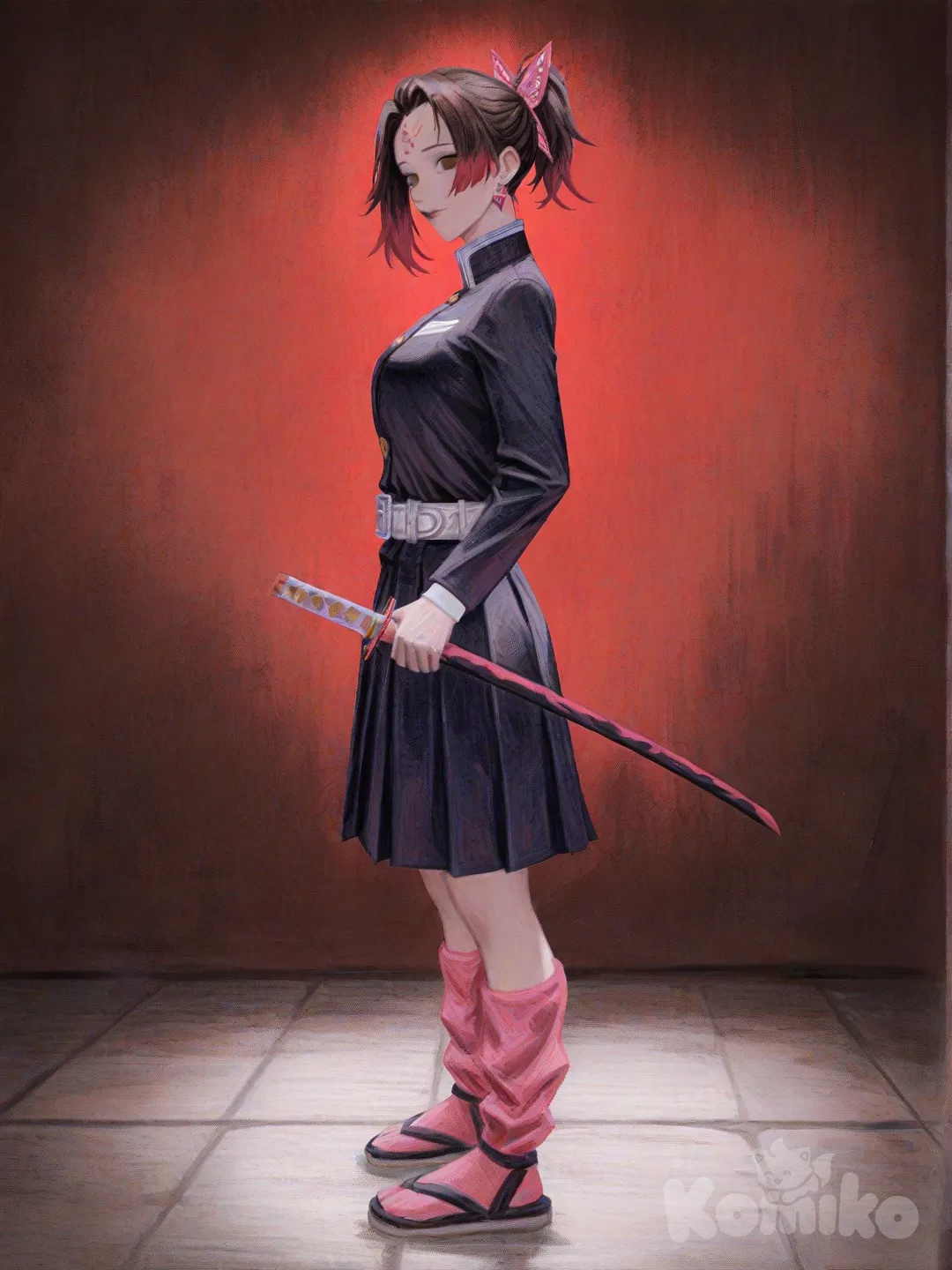1girl, demon slayer, kimetsu no yaiba, kny art style, solo, brown hair, brown eyes, ponytail, hair ornament, pink bow, polka dot bow, hairclip, sandals, pink socks, heart earrings, slayer mark on her forehead, katana, demon slayer uniform, skirt, belt, empty eyes, short hair, hair bun, swept bangs, no pupils, gradient hair, band-aid, high resolution, [gothic-oil-painting-style]