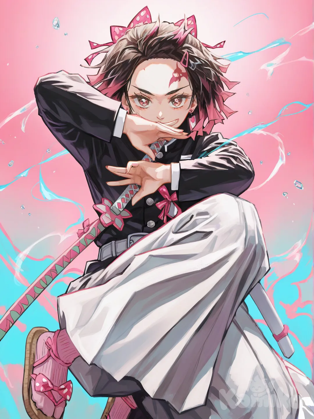 1girl, demon slayer, kimetsu no yaiba, kny art style, solo, brown hair, brown eyes, hair ornament, pink bow, polka dot bow, hairclip, sandals, pink socks, heart earrings, slayer mark on her forehead, katana, demon slayer uniform, long skirt, belt, short hair and hair bun, swept bangs, star pupils, gradient pink hair, band-aid, high resolution, [radiant-coating-style]