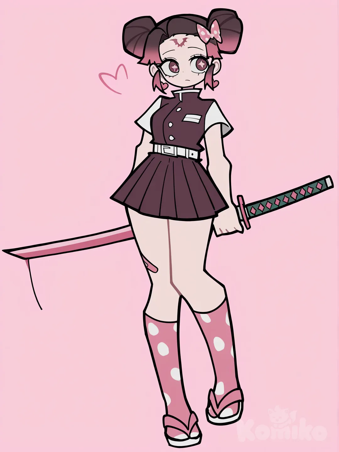 1girl, demon slayer, kimetsu no yaiba, kny art style, solo, brown hair, brown eyes, hair ornament, pink bow, polka dot bow, hairclip, sandals, pink socks, heart earrings, slayer mark on her forehead, katana, demon slayer uniform, skirt, belt, short hair and hair bun, swept bangs, star pupils, gradient pink hair, band-aid, high resolution, [pop-sketch-style]