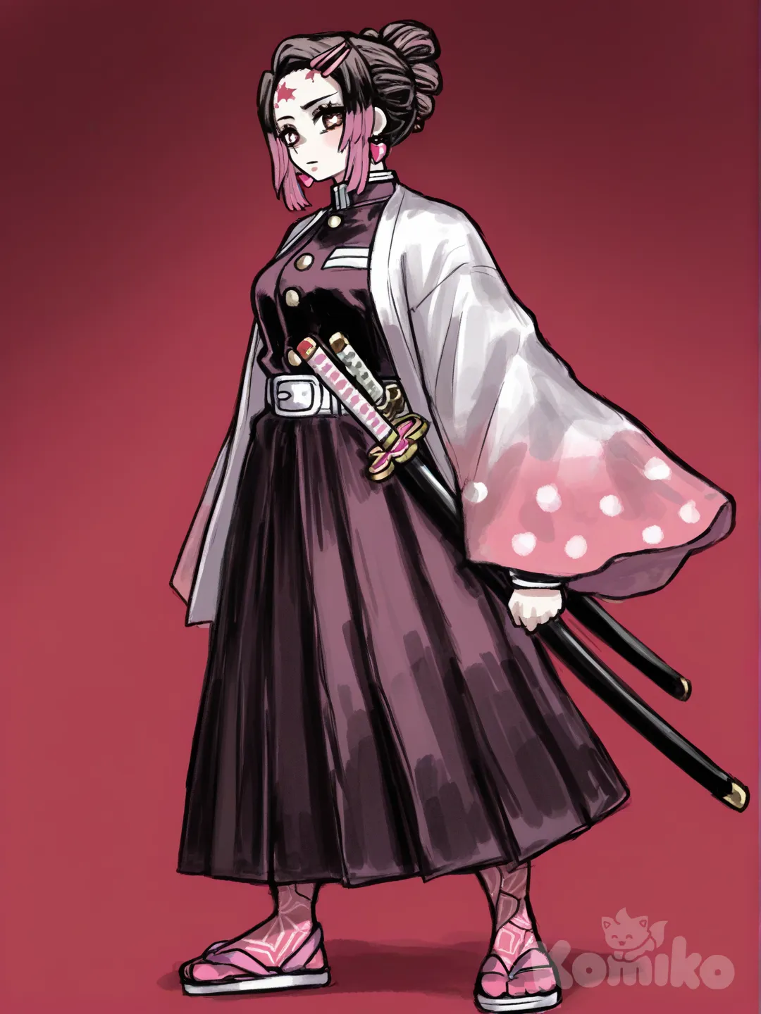 1girl, demon slayer, kimetsu no yaiba, kny art style, solo, brown hair, brown eyes, hair ornament, pink bow, polka dot bow, hairclip, sandals, pink socks, heart earrings, slayer mark on her forehead, katana, demon slayer uniform, long_skirt, belt, short hair and hair bun, swept bangs, star pupils, gradient pink hair, band-aid, high resolution, [sketchy-painterly-style]