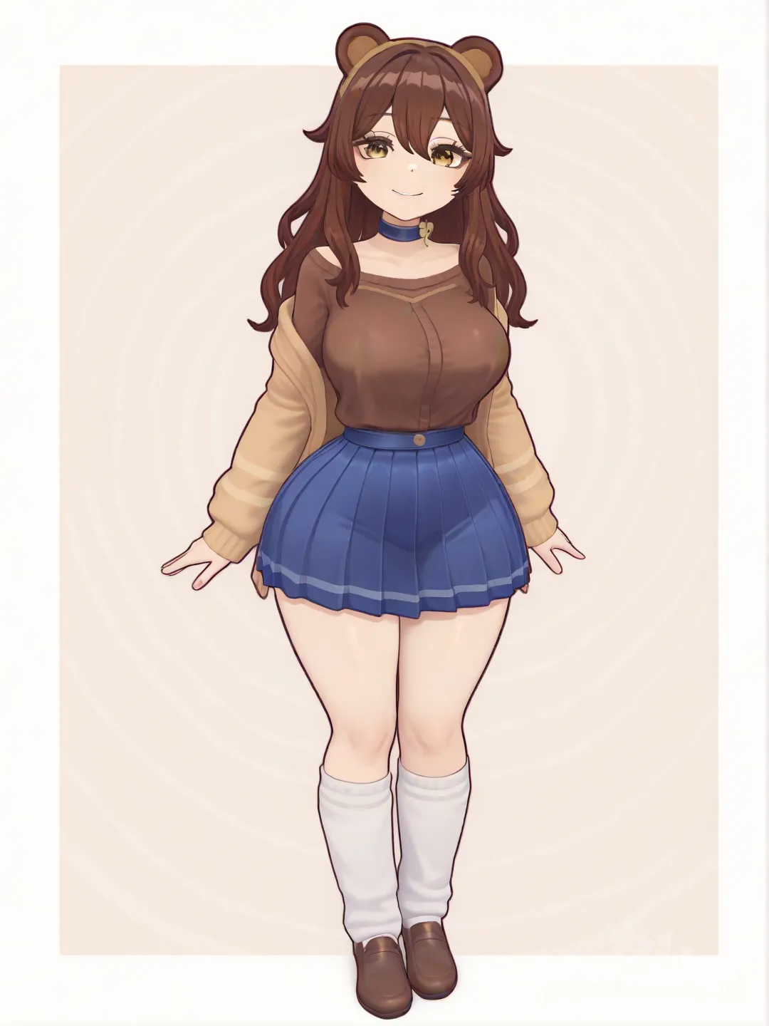 1girl, genshin_impact_style, teenager, curvy, thick_thighs, large_breasts, long_hair, wavy_hair, brown_hair, golden_brown_eyes, dimples, fair_skin, off-shoulder_cardigan, pleated_skirt, down_jacket, knee_socks, choker, bear_ears, bear_headband, bee_charms, single character, full body, looking at viewer, simple background, white background, [3d-anime-game-style]