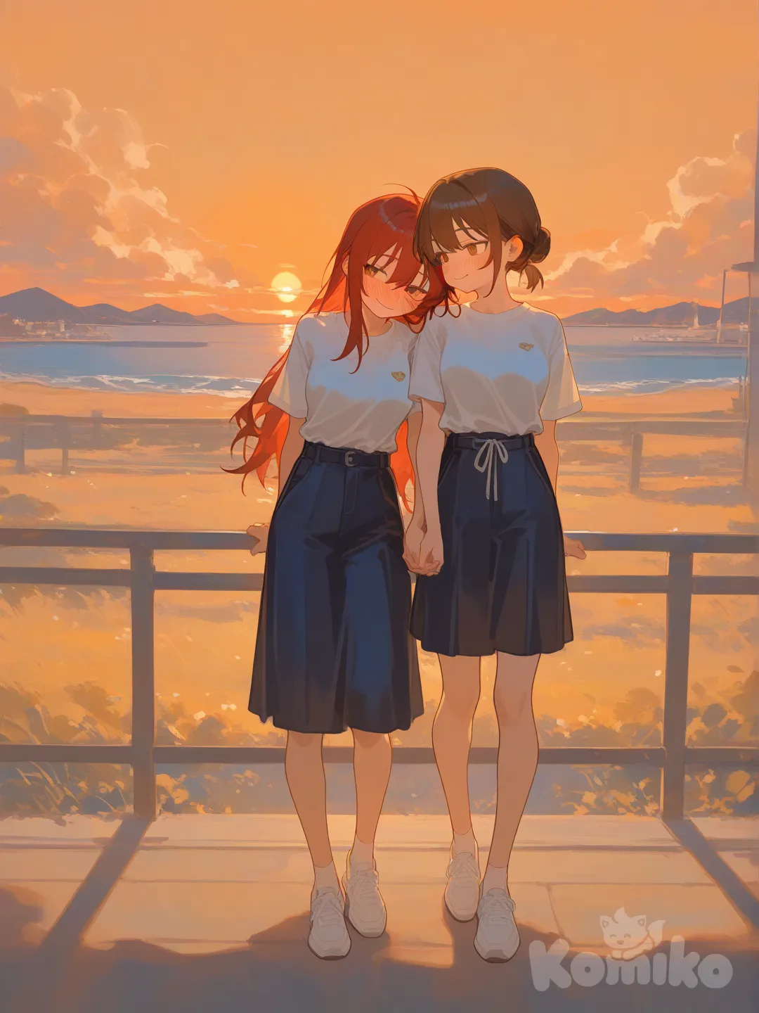 2girls, [soft-shading-style], leaning on person, couple, loving, red hair, brown hair, brown eyes, comforting, leaning on shoulder, smile, blush, full body, ambient light, watching sunset, looking away