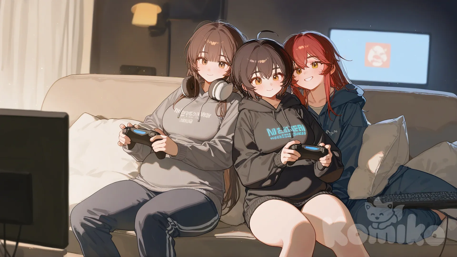 gamer room, 2girls, curvy, chubby, couple, short red hair, long brown hair, brown eyes, hoodie, comfortable clothes, gamer couple, wearing headsets, leaning on person, happy, smile, playing games, television light, cozy, comforting, [lacquered-illustration-style], depth of field