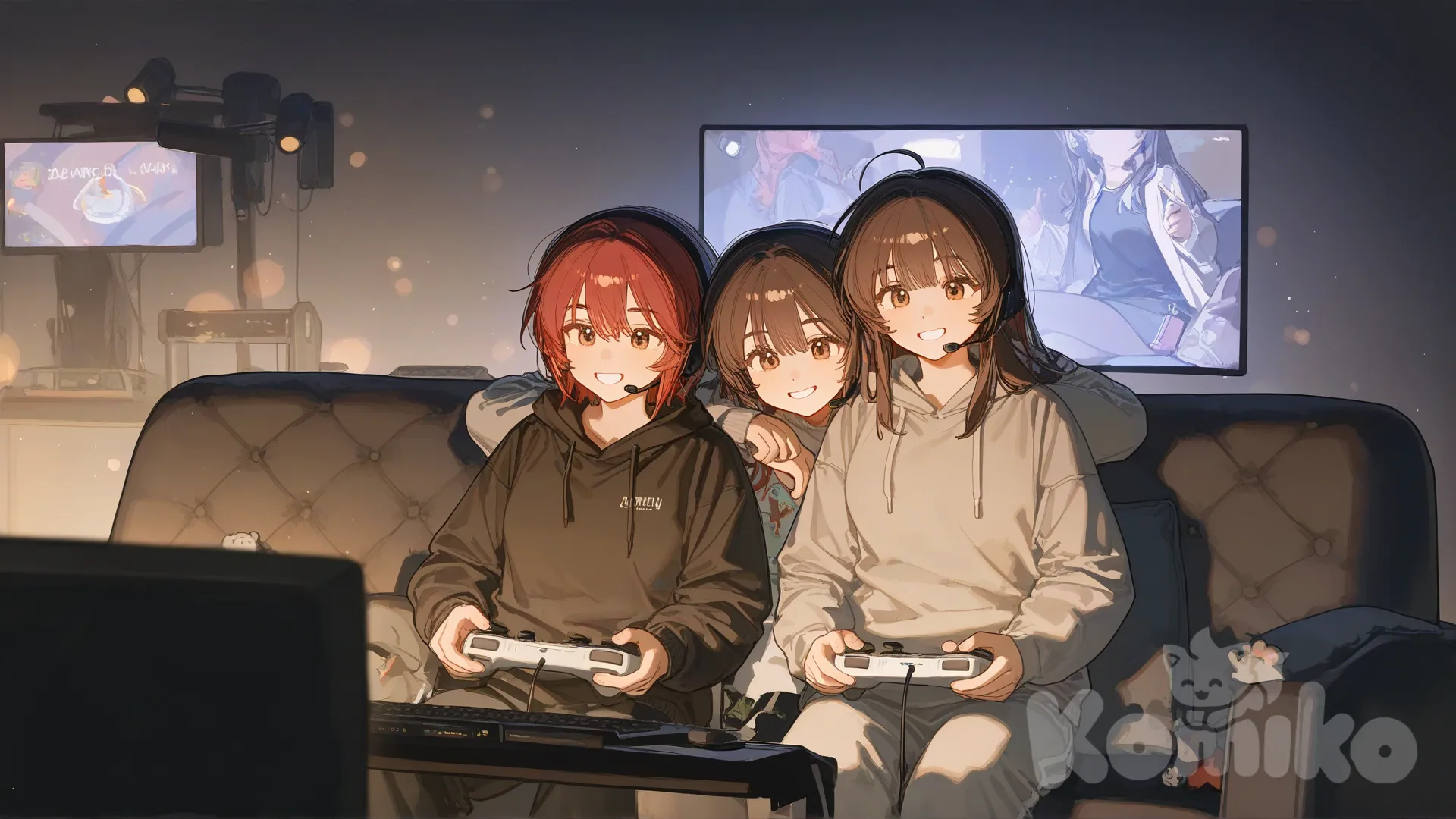 gamer room, 2girls, curvy, chubby, couple, short red hair, long brown hair, brown eyes, hoodie, comfortable clothes, gamer couple, wearing headsets, leaning on person, happy, smile, playing games, television light, cozy, comforting, [lacquered-illustration-style], depth of field