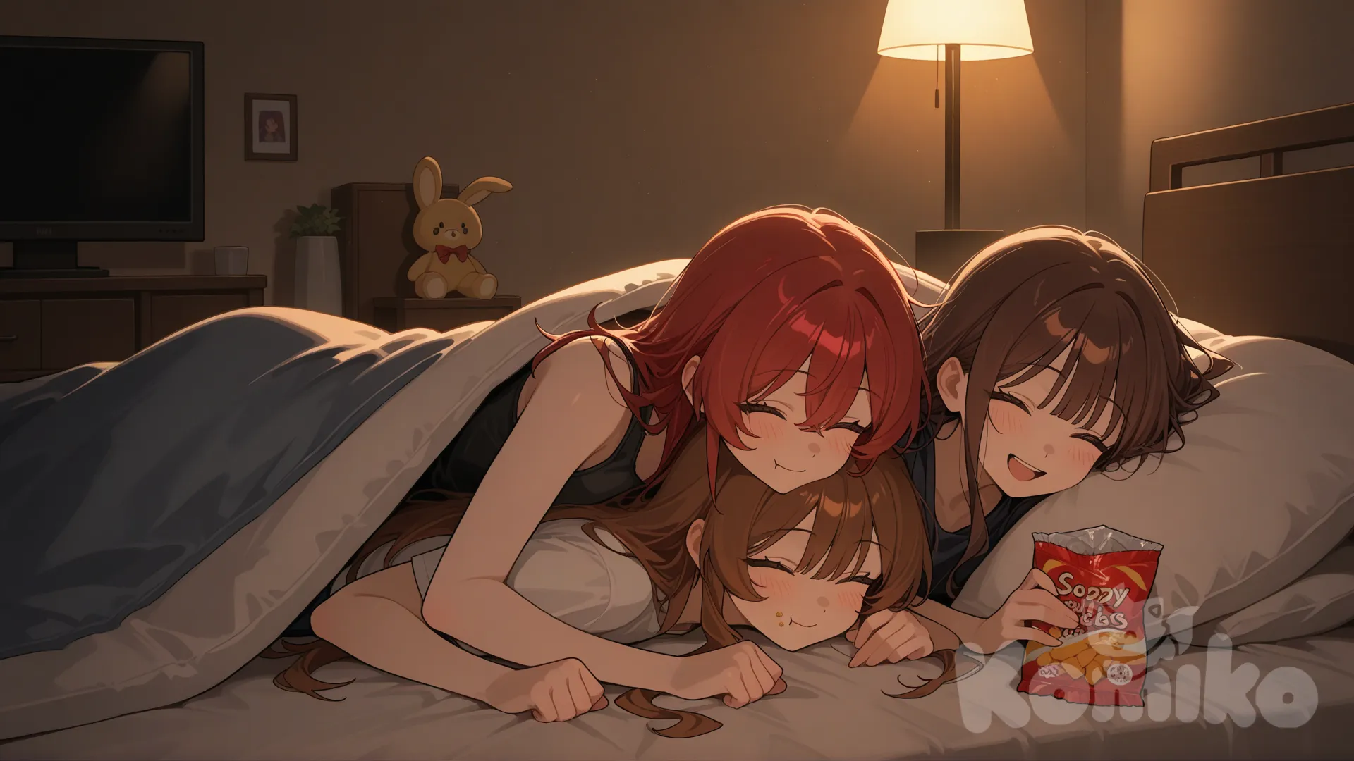 only 2 girls, shoulder length red hair, long brown hair, smile, laughing, lie on stomache, under blanket, watching television, pillows, stuffed animal, comfortable, cozy, dark room, couple, soft, eating snacks, [glossy-anime-style]
