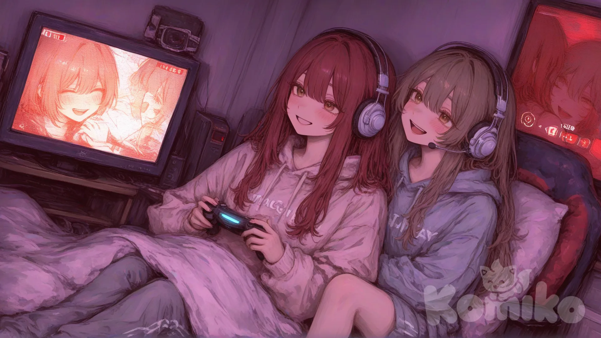 gamer room, 2girls, couple, red hair, long brown hair, brown eyes, hoodie, comfortable clothes, gamer couple, wearing headsets, leaning on person, happy, smile, playing games, tv light, cozy , [sweet-painting-style]