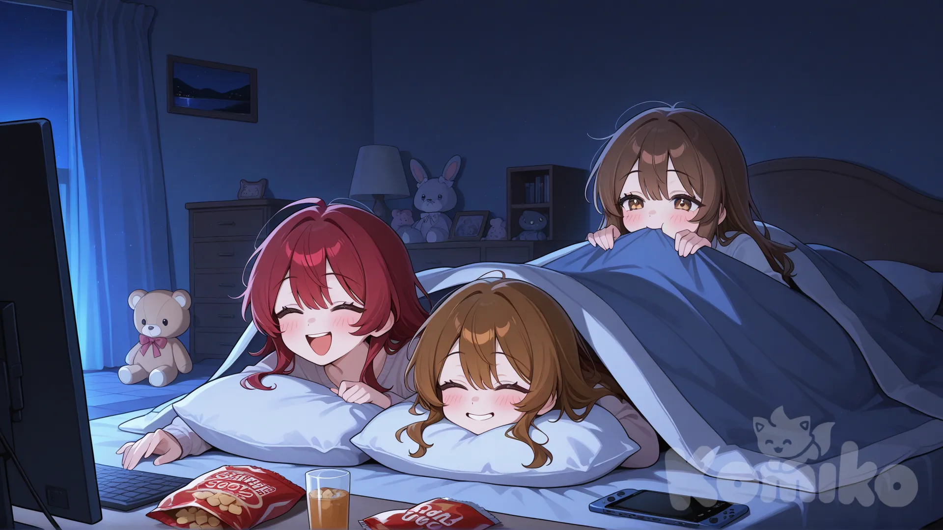 2girls, shoulder length red hair, long brown hair, smile, laughing, lie on stomache, under blanket, watching television, pillows, stuffed animal, comfortable, cozy, dark room, couple, soft, eating snacks, [glossy-anime-style]