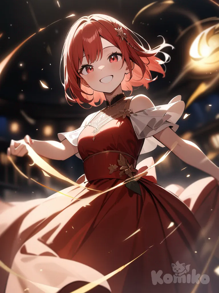 One girl in slightly un-modest red sparkling, glowing, gown, spinning, smiling