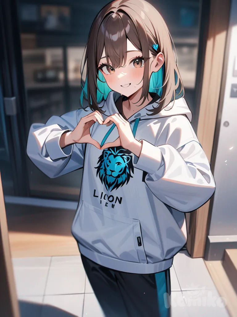 One teenage girl, standing, short, medium length straight brown hair, dark brown eyes, white hoodie with teal lion logo on the front, black sweat pants, half black and half teal sneakers, teal hair piece, bright smile, heart hands