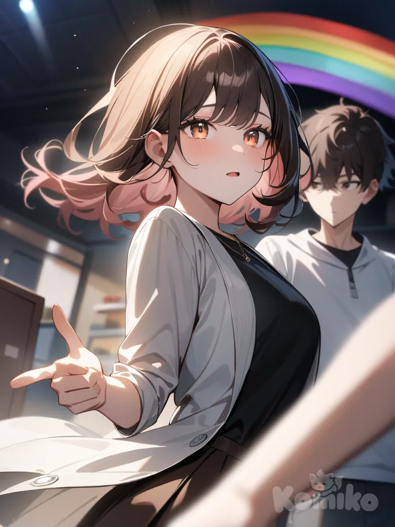 2 people, 1 teenage boy, short dark brown curly hair, brown eyes, 1 teenage girl long pink hair, braided, rainbow eyes, kissing as the shadows dance around them