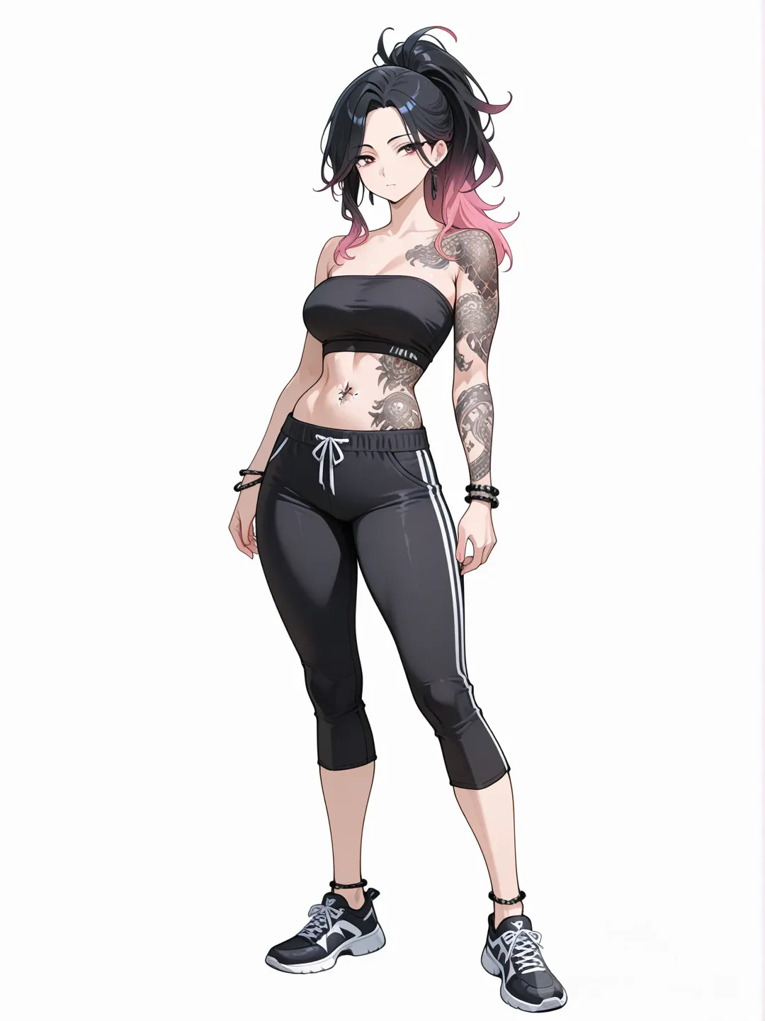 1girl, mature, athletic, black fading to glowing pink hair, ponytail, fair skin, black tube top, black Capri pants, black bracelets and anklets, all black tattoos on her arms and stomach, single character, full body, looking at viewer, anime style, simple background, white background